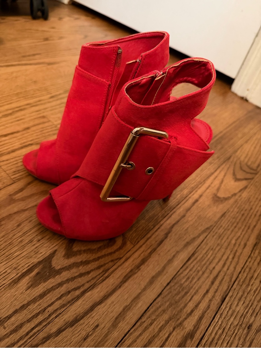 Bakers Red Suede Peep-Toe Ankle Booties with Gold Buckle